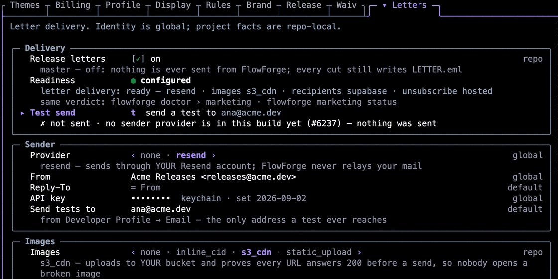 Configurações → Release Letters: entrega ligada, a linha de prontidão, e o cartão do remetente com a chave guardada no keychain