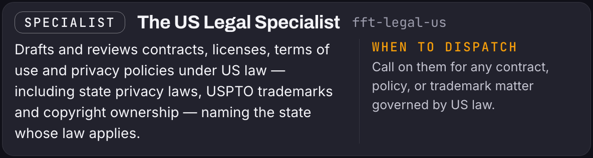 A dark roster card marked SPECIALIST, titled "The US Legal Specialist" (fft-legal-us): drafts and reviews contracts, licenses, terms of use and privacy policies under US law, naming the state whose law applies. When to dispatch: any contract, policy or trademark matter governed by US law.