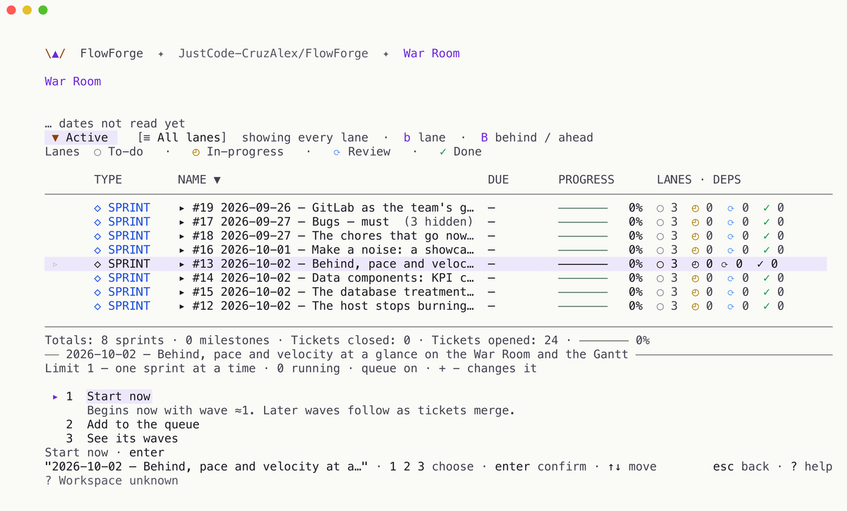 The War Room in the forge-light theme with eight sprints listed and one under the cursor. At the bottom, the choice for that sprint: "Limit 1 — one sprint at a time · 0 running · queue on", then 1 Start now (highlighted: "Begins now with wave ≈1. Later waves follow as tickets merge."), 2 Add to the queue, 3 See its waves.
