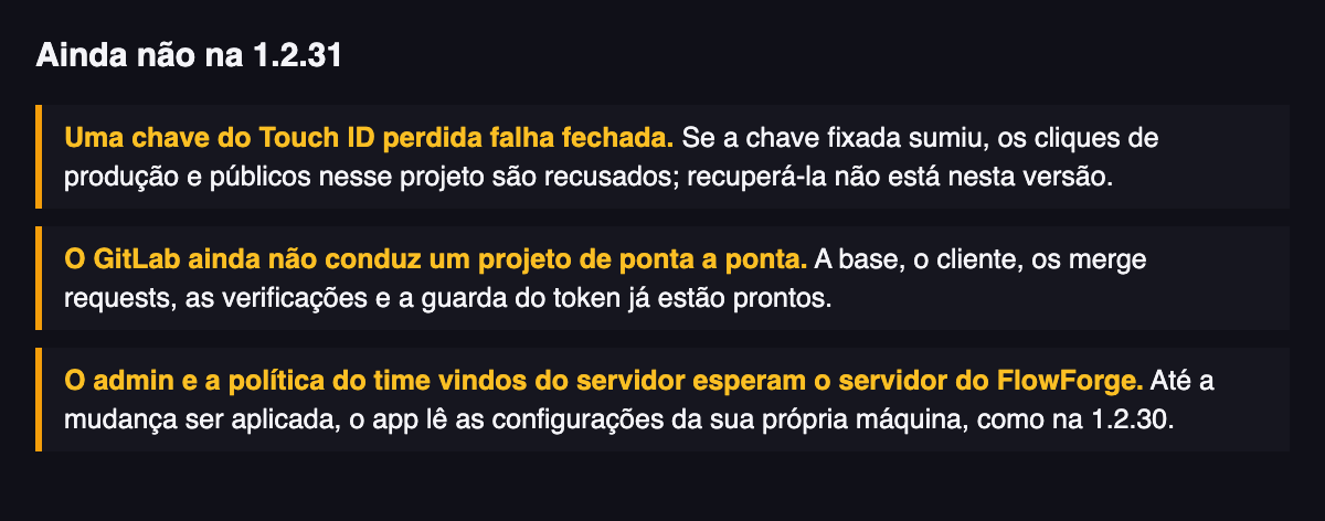 Um desenho simples de três limites em aberto. Um: uma chave do Touch ID perdida falha de forma fechada, e recuperá-la não está nesta versão (#8550). Dois: o GitLab ainda não consegue conduzir um projeto de ponta a ponta (#6661). Três: o admin da equipe e a política da equipe vindos do servidor esperam pelo servidor da FlowForge (#8695, #8697).
